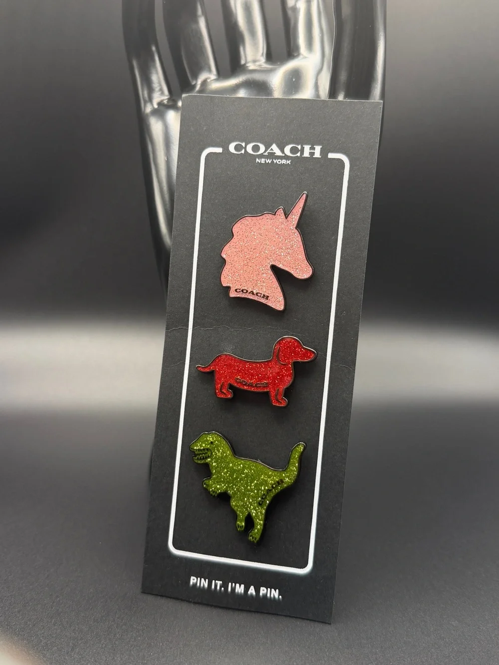 Coach Glitter Unicorn Pink, Red Dachshund, Green Dinosaur Enamel Pin Set